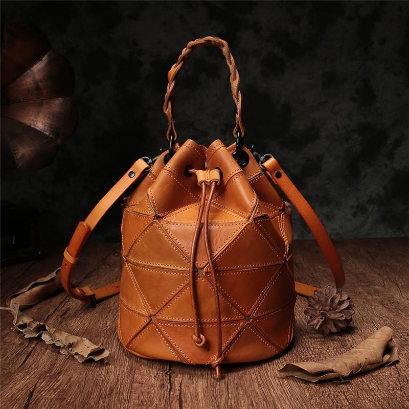 Cute Brown Leather Womens Bucket Shoulder Bag Green Handbag Barrel Bag for Ladies