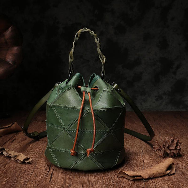 Cute Green Leather Womens Bucket Shoulder Bag Brown Handbag Barrel Bag for Ladies