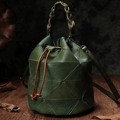 Cute Brown Leather Womens Bucket Shoulder Bag Green Handbag Barrel Bag for Ladies