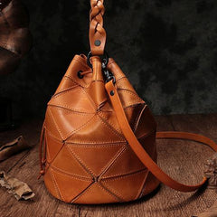 Cute Brown Leather Womens Bucket Shoulder Bag Green Handbag Barrel Bag for Ladies