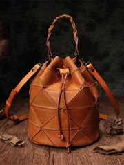 Cute Brown Leather Womens Bucket Shoulder Bag Green Handbag Barrel Bag for Ladies