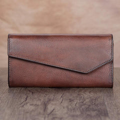 Green Vintage Womens Genuine Leather Long Folded Wallet Brown Clutch Phone Purses for Ladies