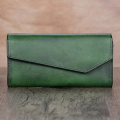Green Vintage Womens Genuine Leather Long Folded Wallet Brown Clutch Phone Purses for Ladies