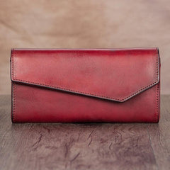 Brown Womens Vintage Leather Long Wallet Red Bifold CLutch Long Purse for Ladies