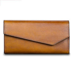 Green Vintage Womens Genuine Leather Long Folded Wallet Brown Clutch Phone Purses for Ladies