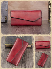 Red Vintage Womens Genuine Leather Long Folded Wallet Brown Clutch Phone Purses for Ladies