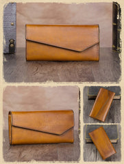 Green Vintage Womens Genuine Leather Long Folded Wallet Brown Clutch Phone Purses for Ladies