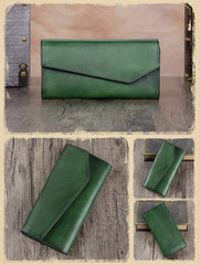 Green Vintage Womens Genuine Leather Long Folded Wallet Brown Clutch Phone Purses for Ladies