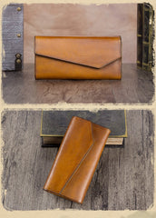 Red Vintage Womens Genuine Leather Long Folded Wallet Brown Clutch Phone Purses for Ladies