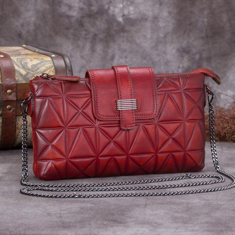 Red Leather Geometric Womens VIntage Chain Shoulder Bag Side Bag Brown Chain Clutch Purse for Ladies