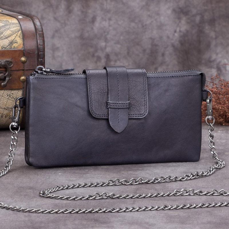 Grey Leather Womens Zipper CHain SHoulder Bag Long Wallet Phone Purple Chain Clutch Purse for Ladies