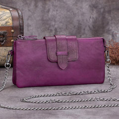 Brown Leather WOmens VIntage CHain Shoulder Bag Side Bag Purple Chain CLutch Purse for Ladies