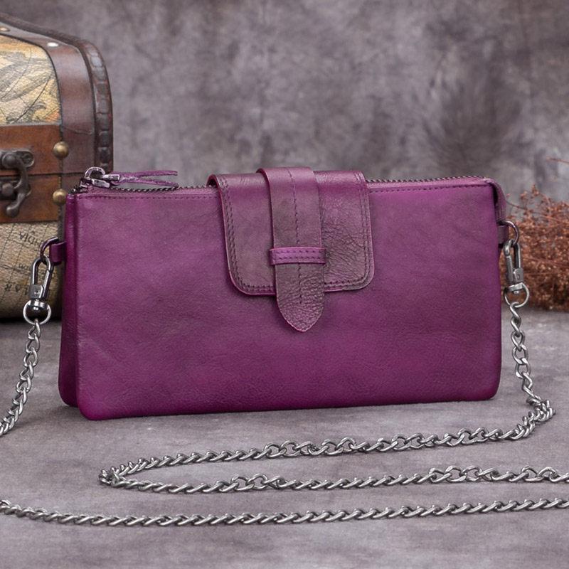 Purple Leather Womens VIntage Chain Shoulder Bag Side Bag Brown Chain Clutch Purse for Ladies