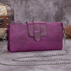 Grey Leather Womens Zipper CHain SHoulder Bag Long Wallet Phone Purple Chain Clutch Purse for Ladies