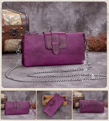 Brown Leather WOmens VIntage CHain Shoulder Bag Side Bag Purple Chain CLutch Purse for Ladies