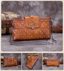 Brown Leather Geometric Womens VIntage Chain Shoulder Bag Side Bag Red Chain Clutch Purse for Ladies