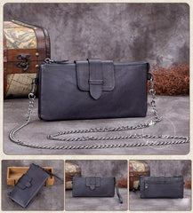 Grey Leather Womens Zipper CHain SHoulder Bag Long Wallet Phone Purple Chain Clutch Purse for Ladies