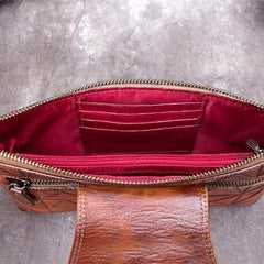 Brown Leather Geometric Womens VIntage Chain Shoulder Bag Side Bag Red Chain Clutch Purse for Ladies