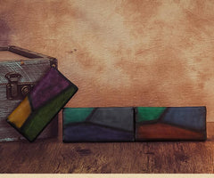 Geometric Womens Leather Long Clutch Wallet Long Wallet Colorful Bifold Long Purse for Ladies