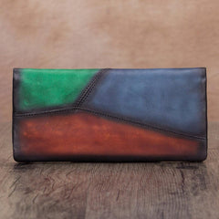 Geometric Womens Leather Long Clutch Wallet Long Wallet Colorful Bifold Long Purse for Ladies