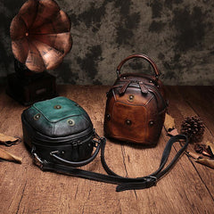 Vintage Brown Geometric Womens Leather Round Brown Handbag Box Shoulder Bag Purse for Ladies