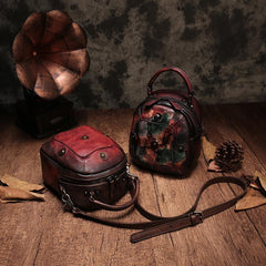 Vintage Red Geometric Womens Leather Round Brown Handbag Box Shoulder Bag Purse for Ladies