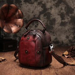 Vintage Red Geometric Womens Leather Round Brown Handbag Box Shoulder Bag Purse for Ladies