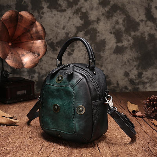 Green Geometric Vintage Womens Leather Round Brown Handbag Box Shoulder Bag Purse for Ladies