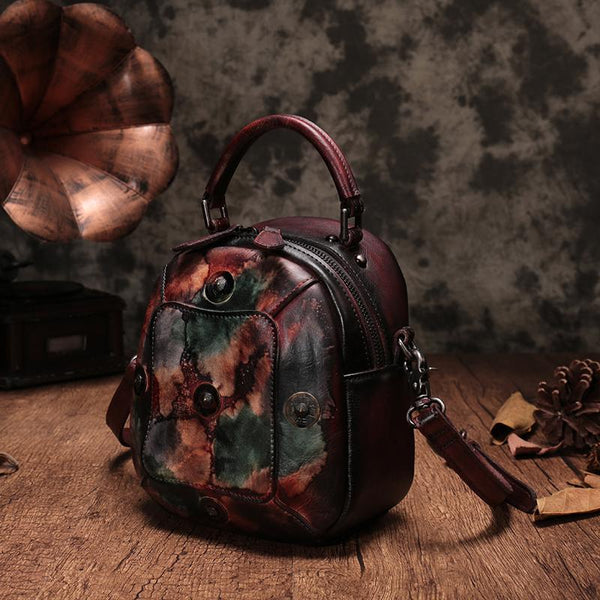 Vintage Red Geometric Womens Leather Round Brown Handbag Box Shoulder Bag Purse for Ladies