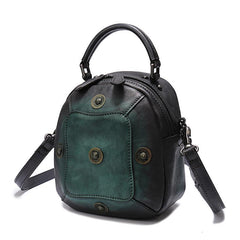 Green Geometric Vintage Womens Leather Round Brown Handbag Box Shoulder Bag Purse for Ladies