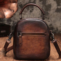 Vintage Brown Geometric Womens Leather Round Brown Handbag Box Shoulder Bag Purse for Ladies