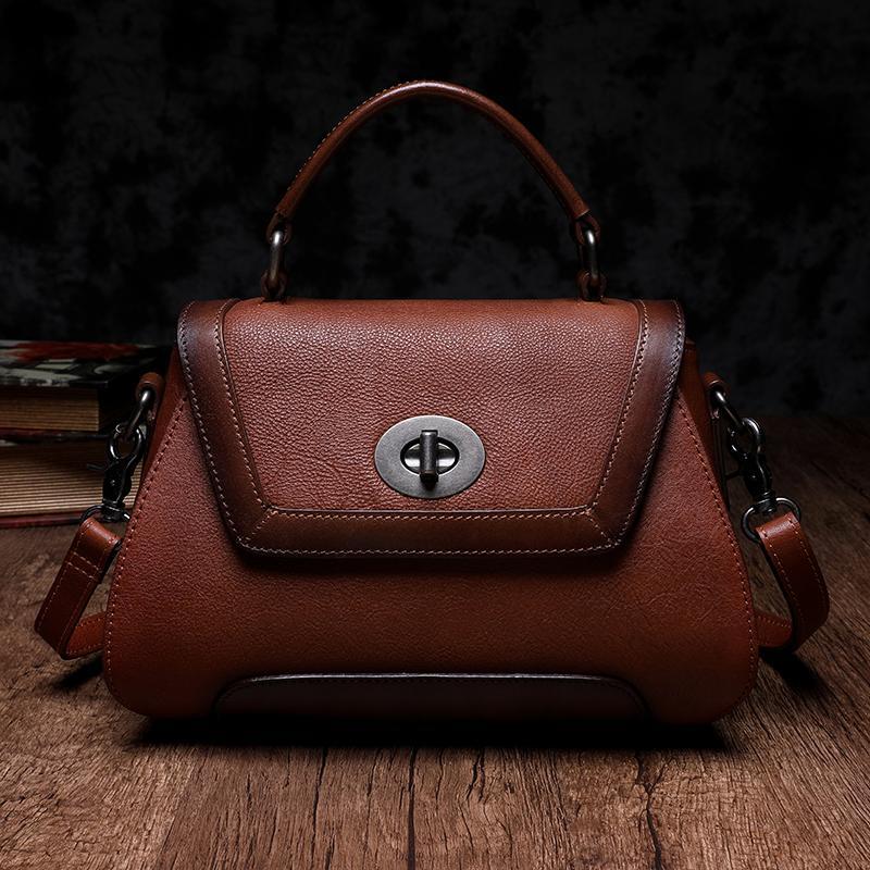 Brown Geometric Vintage Womens Handbag Leather Black Shoulder Handbag Purse