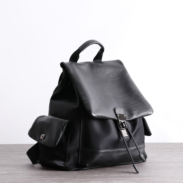 Girl Black Nylon Leather Satchel Rucksack Womens - Back View