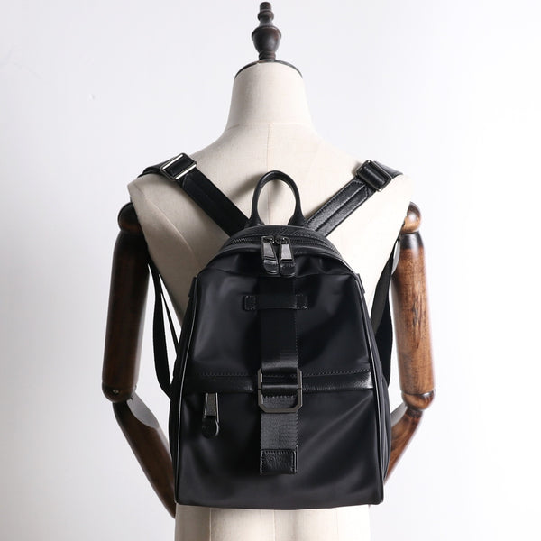 Girl Black Nylon Leather Satchel Rucksacks Womens - Back View