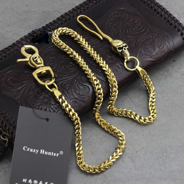 Badass Mens Gold Brass Skull Wallet Chain Long Pants Chain Biker Wallet Chain Fo WG01491089