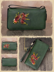 Goldfish Green Leather Wristlet Wallets Womens Zip Around Wallet Ladies Zipper Clutch Wallets for Women
