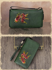 Goldfish Green Leather Wristlet Wallets Womens Zip Around Wallet Ladies Zipper Clutch Wallets for Women