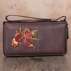 Goldfish Green Leather Wristlet Wallets Womens Zip Around Wallet Ladies Zipper Clutch Wallets for Women