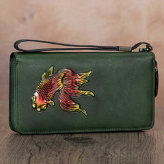 Goldfish Green Leather Wristlet Wallets Womens Zip Around Wallet Ladies Zipper Clutch Wallets for Women