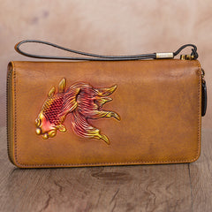 Goldfish Coffee Leather Wristlet Wallets Womens Zip Around Wallet Ladies Zipper Clutch Wallets for Women