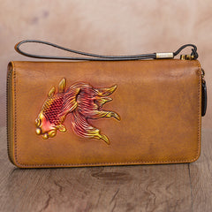 Goldfish Green Leather Wristlet Wallets Womens Zip Around Wallet Ladies Zipper Clutch Wallets for Women