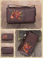 Goldfish Red Leather Wristlet Wallets Womens Zip Around Wallet Ladies Zipper Clutch Wallets for Women