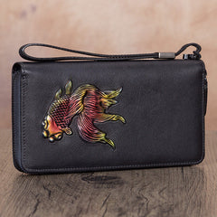 Goldfish Gray Leather Wristlet Wallets Womens Zip Around Wallet Ladies Zipper Clutch Wallets for Women