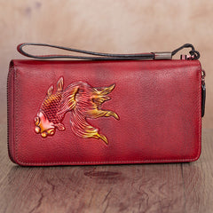 Goldfish Red Leather Wristlet Wallets Womens Zip Around Wallet Ladies Zipper Clutch Wallets for Women