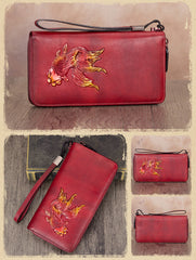 Goldfish Tan Leather Wristlet Wallets Womens Zip Around Wallet Ladies Zipper Clutch Wallets for Women