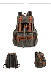 Gray Waxed Canvas Mens Waterproof Large 14‘’ Hiking Backpack Travel Backpack Computer Backpack College Backpack for Men
