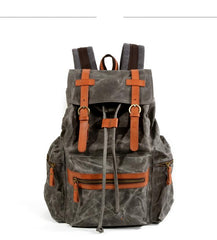 Gray Waxed Canvas Mens Waterproof Large 14‘’ Hiking Backpack Travel Backpack Computer Backpack College Backpack for Men
