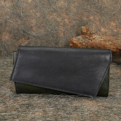 Green Womens Geometry Leather Trifold Long Wallet - Closure Detail