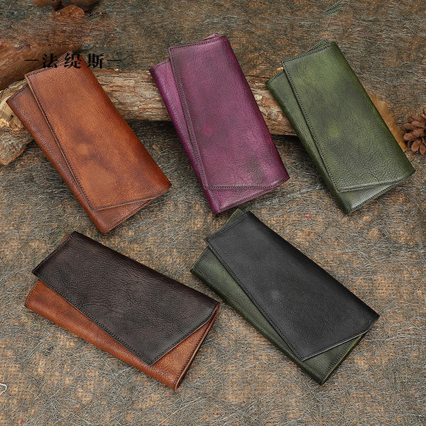 Purple Womens Geometry Leather Trifold Long Wallet - Bill Slots Detail