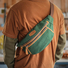 Green Canvas Leather Mens Chest Bag Waist Bag Fanny Pack Bum Pack For Men